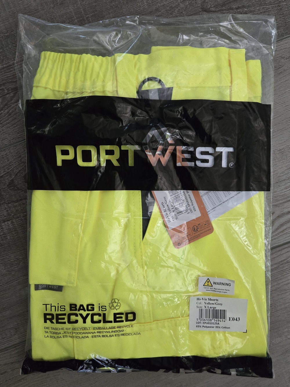 Portwest E043 Hi-Vis Polycotton Shorts - Yellow/Grey SAFETY